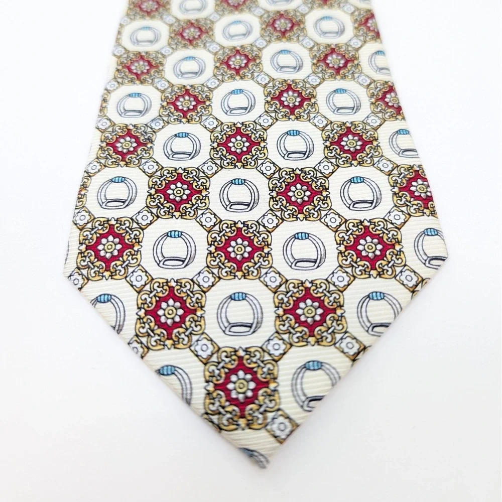 Christian‎ Dior Monsieur Silk Tie Cream Burgundy Gold Medallion Stirrup Pattern
